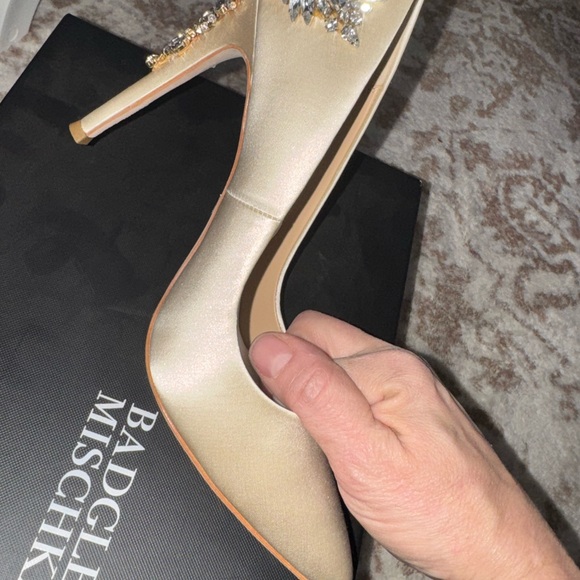 Badgley Mischka Champagne Satin Pump with Crystal Heel Accent - Picture 2 of 8